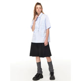 Striped Pleated Ruffled Short Sleeves Shirt